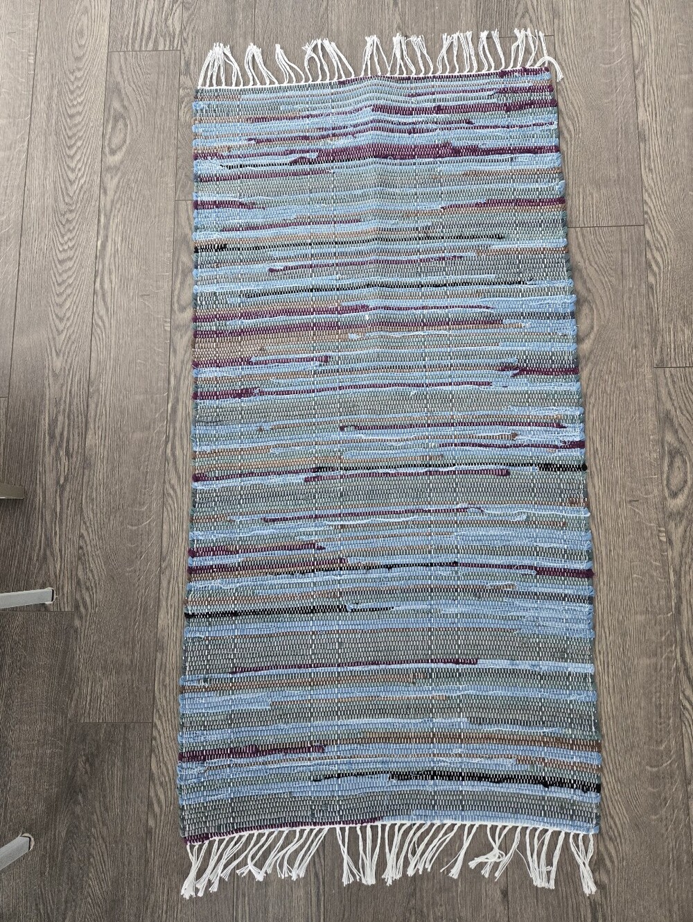Handwoven Blue Striped Cotton Rag Rug with Fringe - Never Used